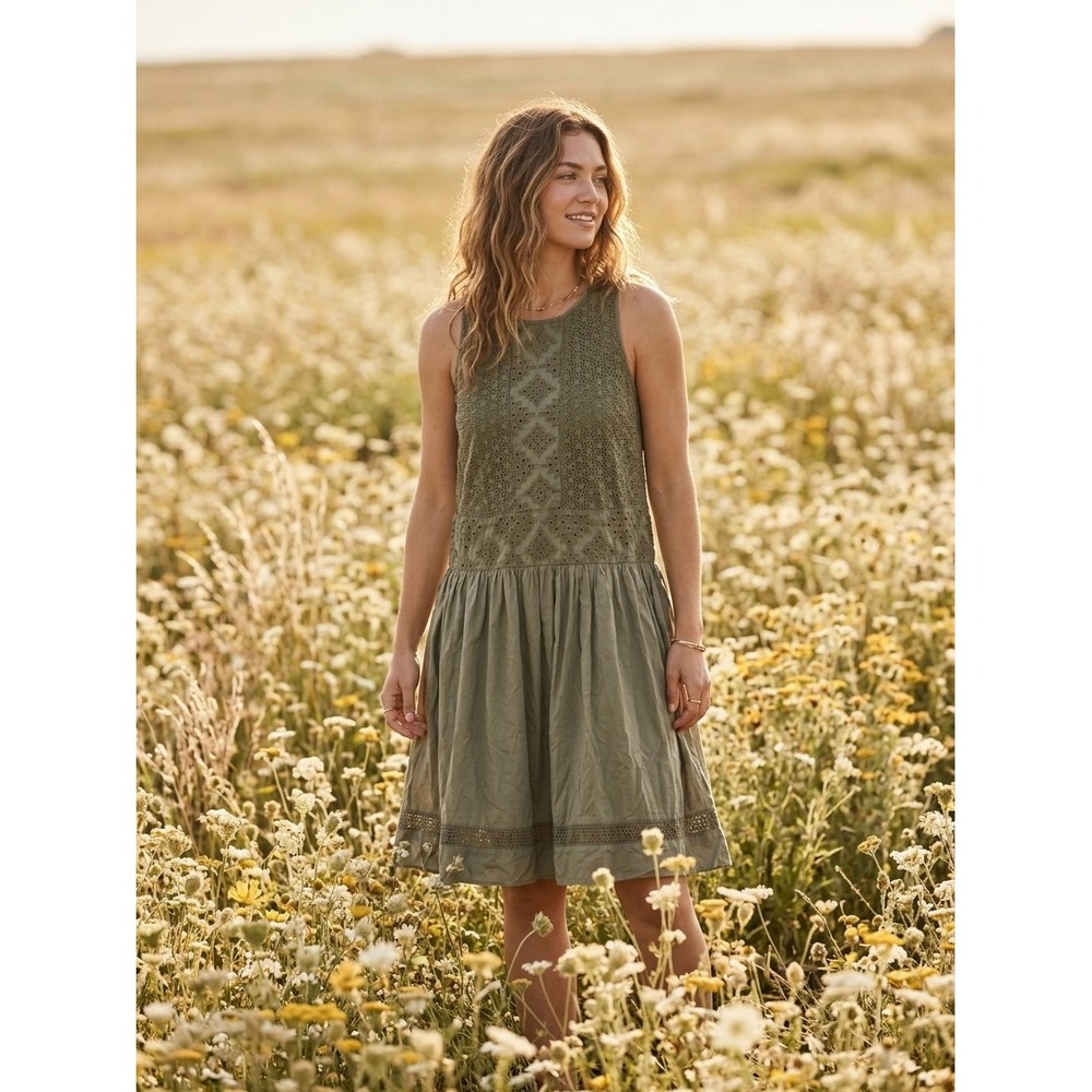 Lou & Grey Olive Green Eyelet Lace Sleeveless Cotton Dress Small- SAMPLE Piece
